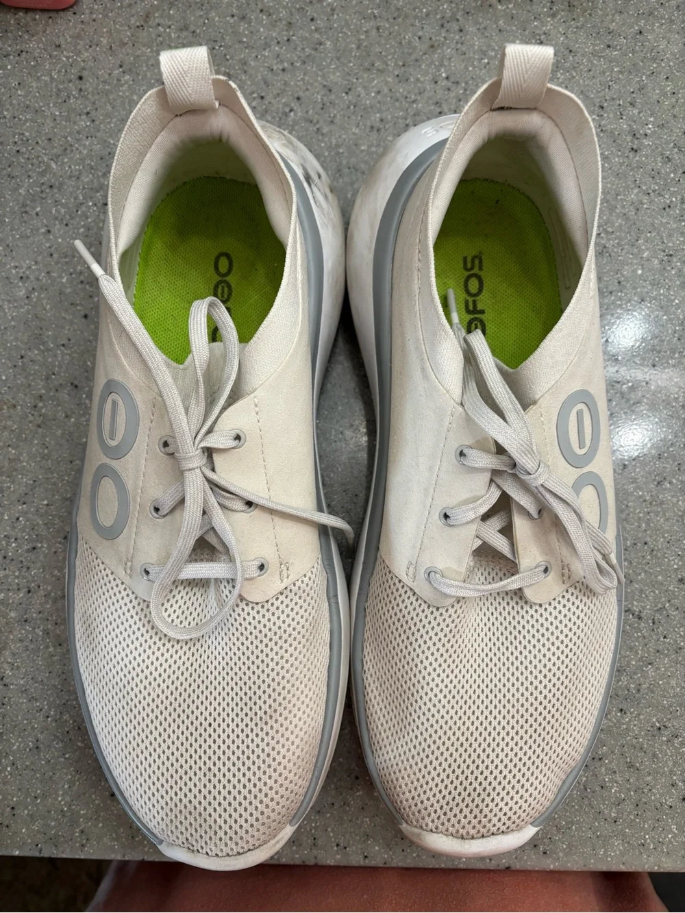 OOFOS Slip-On Athletic Sneakers in Cream with Lime Insoles